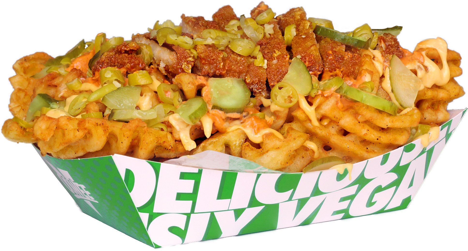 CHORIZO CHICK’N WAFFLE FRIES.